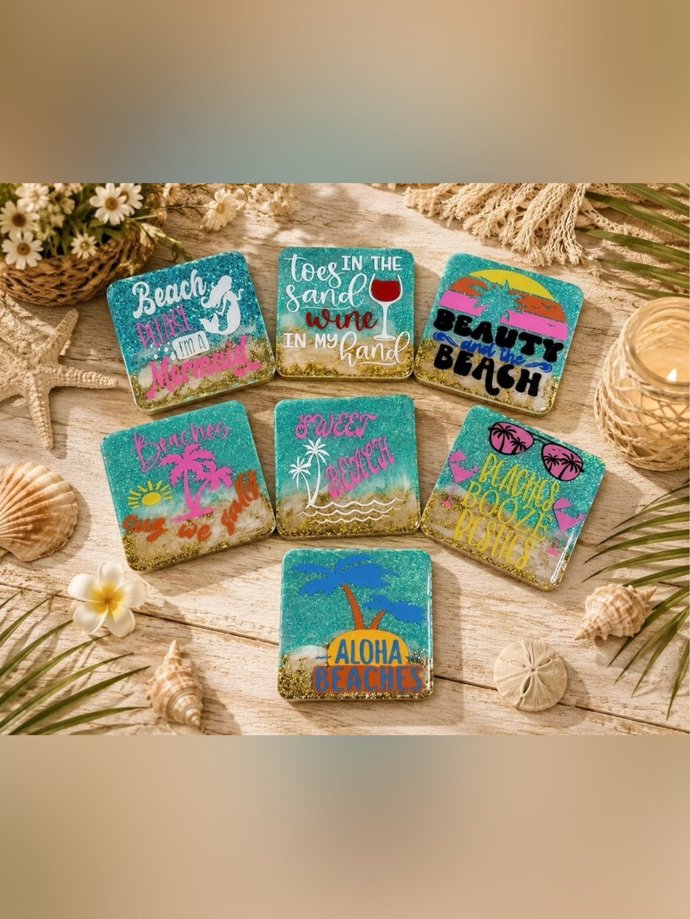 NWT Beach Coaster Set | Tropical Glitter Drink Coasters | Coastal Summer Decor
